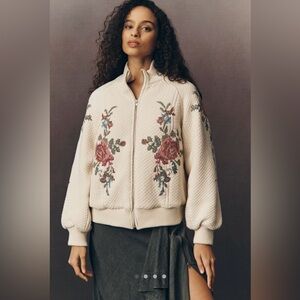 Anthropologie Embroidered Bomber Cardigan Sweater